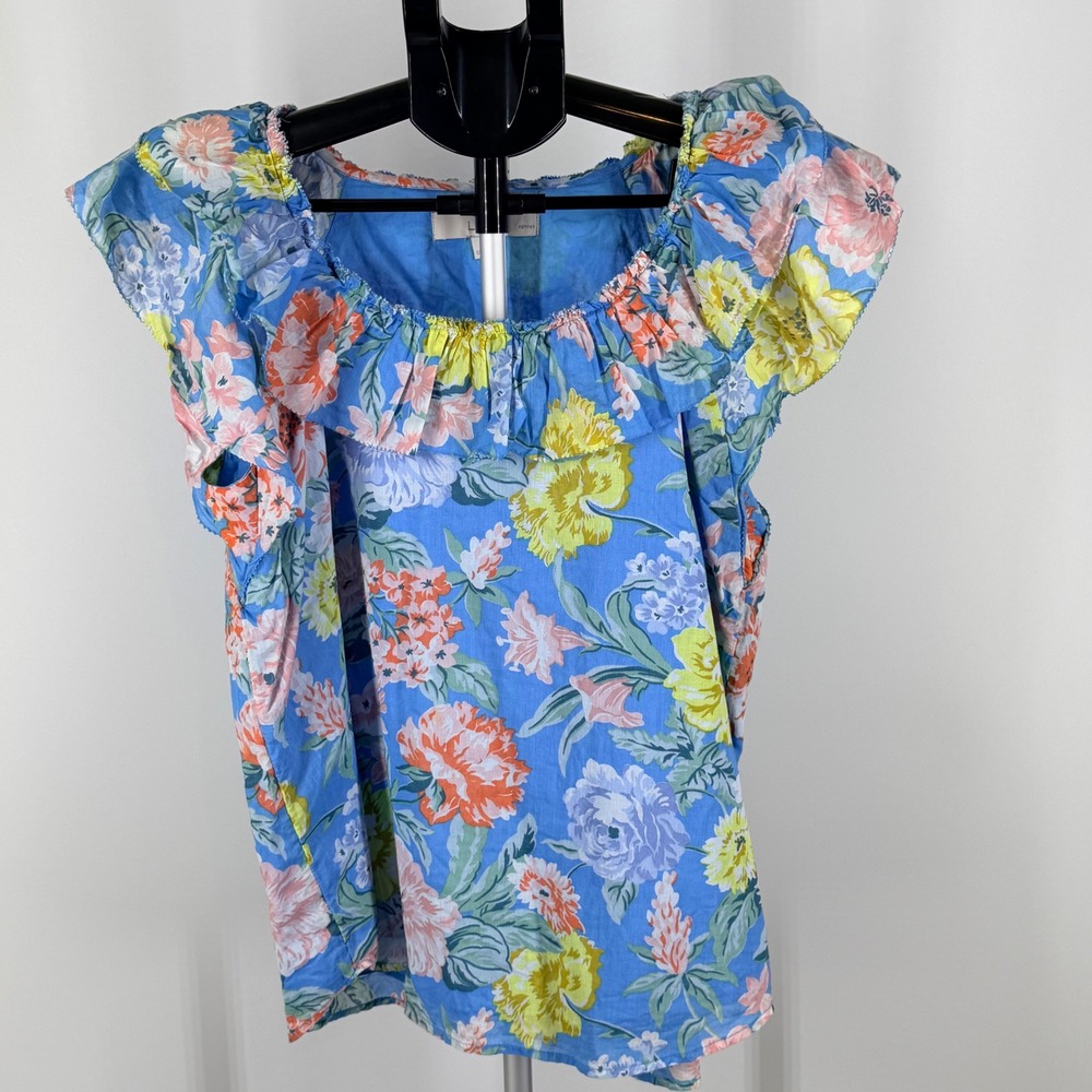 Loft Petites Floral Flutter Sleeve Ruffle Neck Blouse Blue Multicolor Small